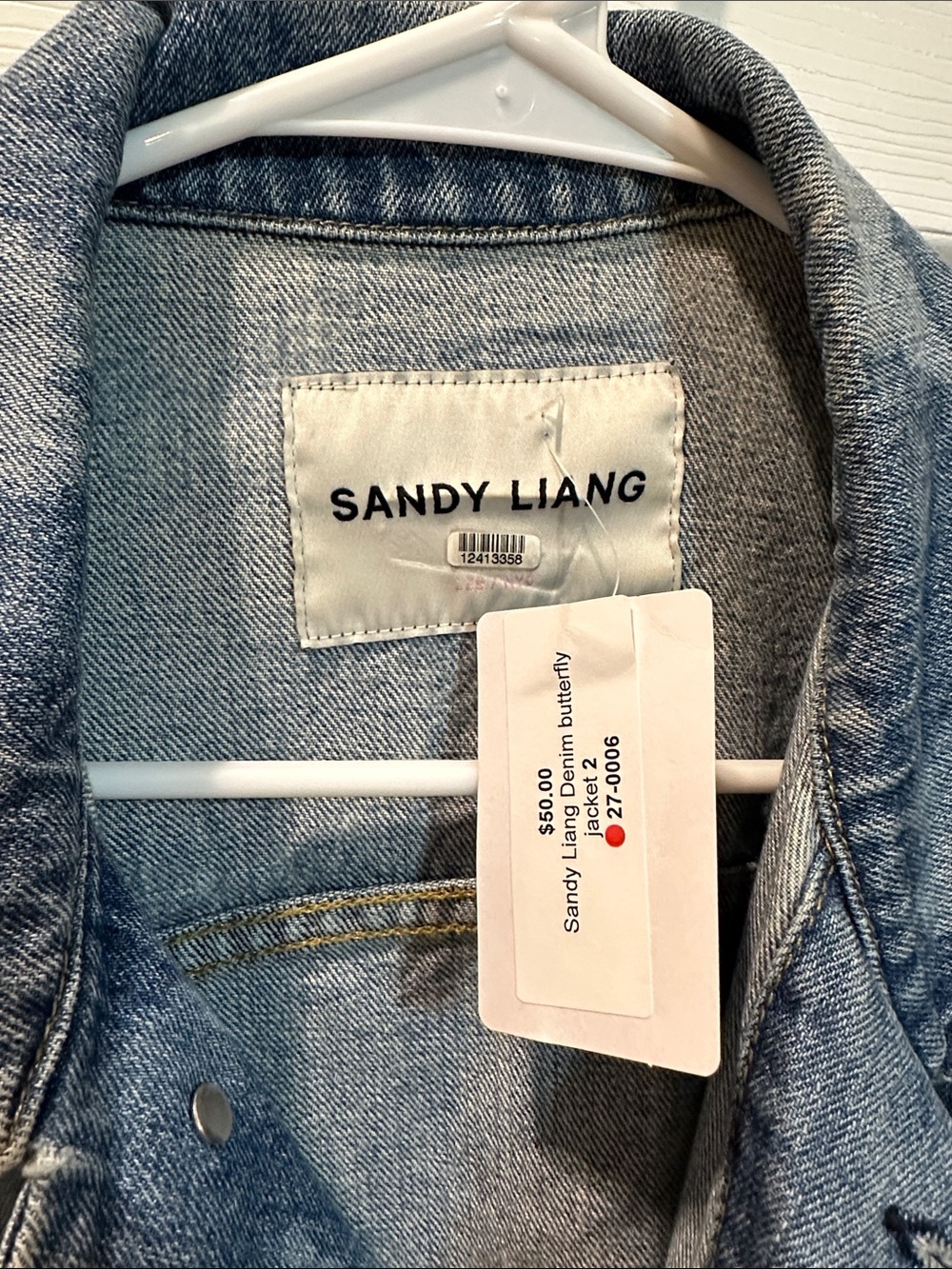Sandy Liang Distressed Mid-Blue Denim Jacket - Picture 2 of 9